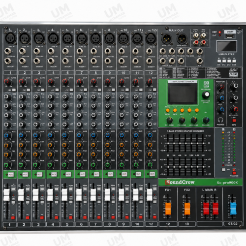 SoundCrow SC-PRO1200K Consola Amplificada Profesional de 12 Canales.