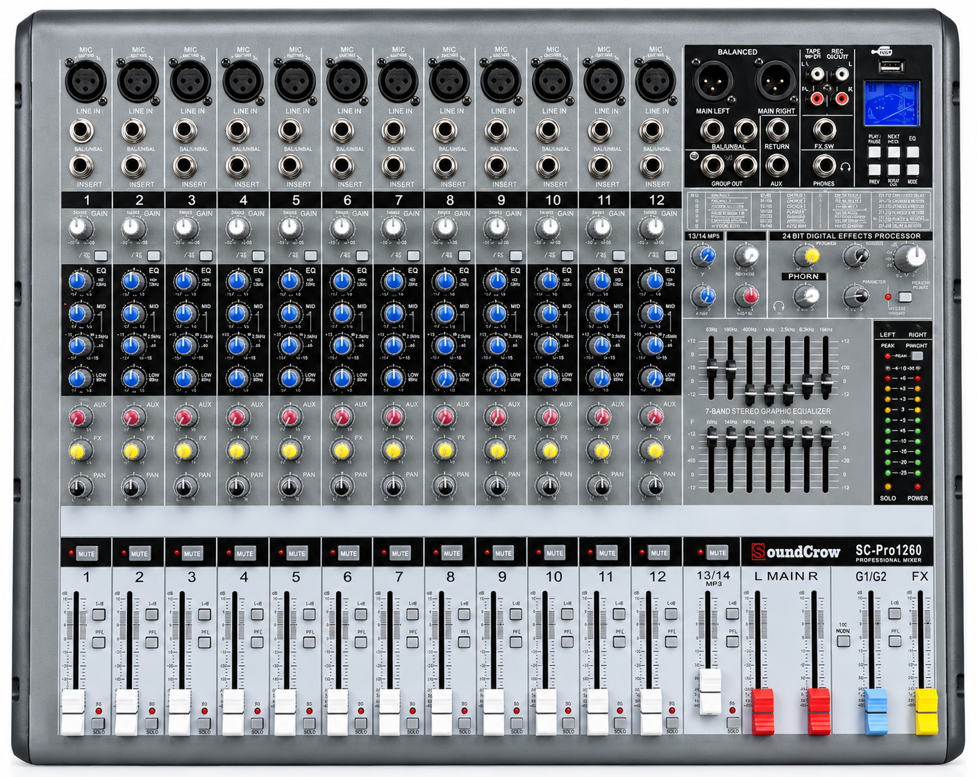 SoundCrow SC-PRO1260 Consola Amplificada Profesional de 12 Canales