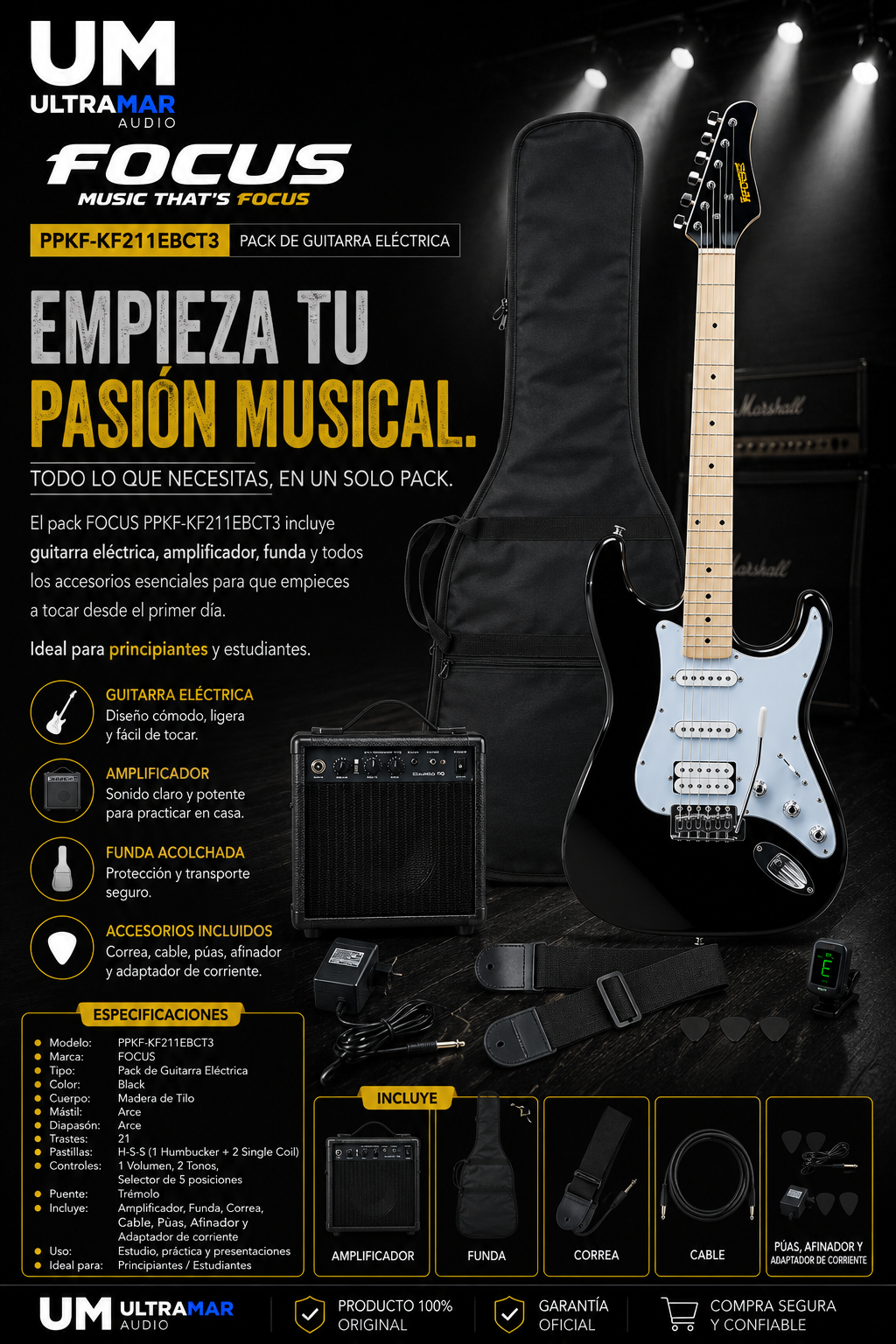 FOCUS PPKF-KF211EBCT3 Pack de Guitarra Eléctrica Black