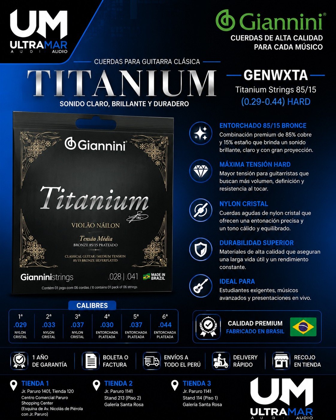 Giannini | GENWXTA | Cuerdas de Nylon Titanium 85/15 Hard para Guitarra Clásica