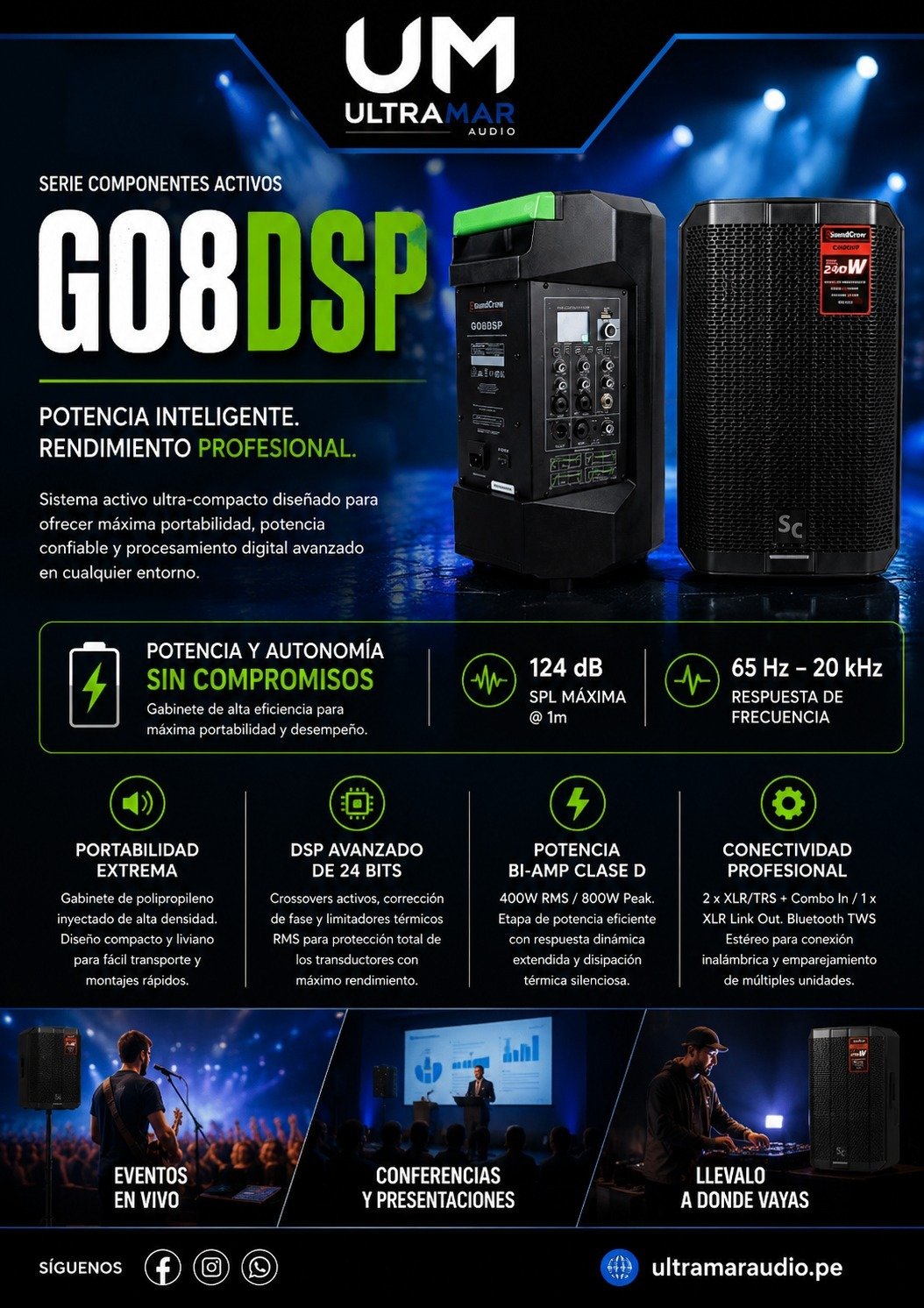 SoundCrow | GO8DSP | Parlante Activo Profesional 8" 400W RMS DSP Bluetooth - Imagen 2