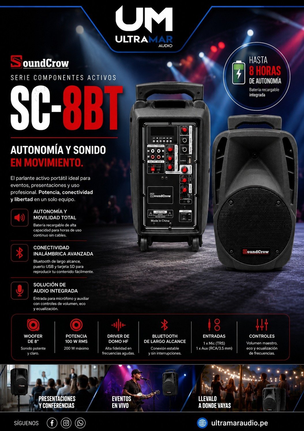 SoundCrow SC-8BT parlante activo portátil recargable de 8 pulgadas con Bluetooth, USB, SD y batería integrada.