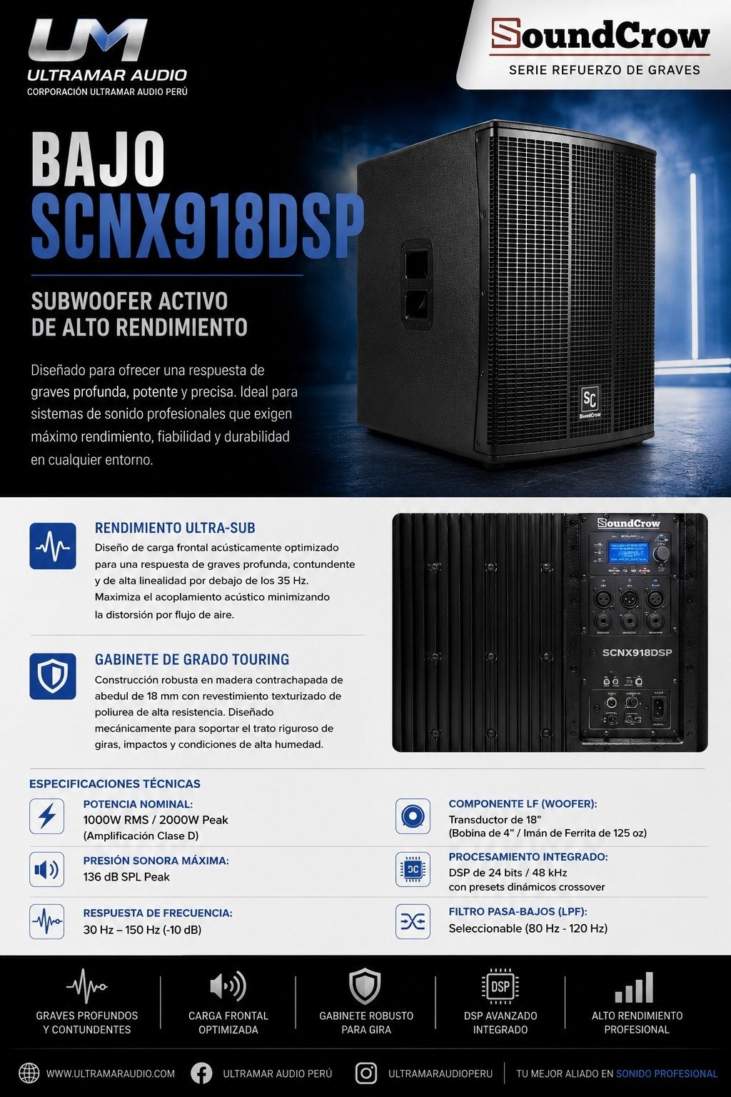 SoundCrow SCNX918DSP Subwoofer Activo Profesional 18" DSP 2000W Peak