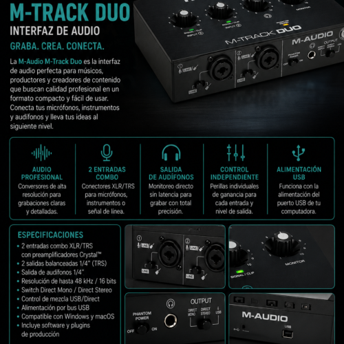 M-Audio M-Track Duo – Interfaz de Audio USB de 2 Canales para Grabación y Monitoreo Estéreo
