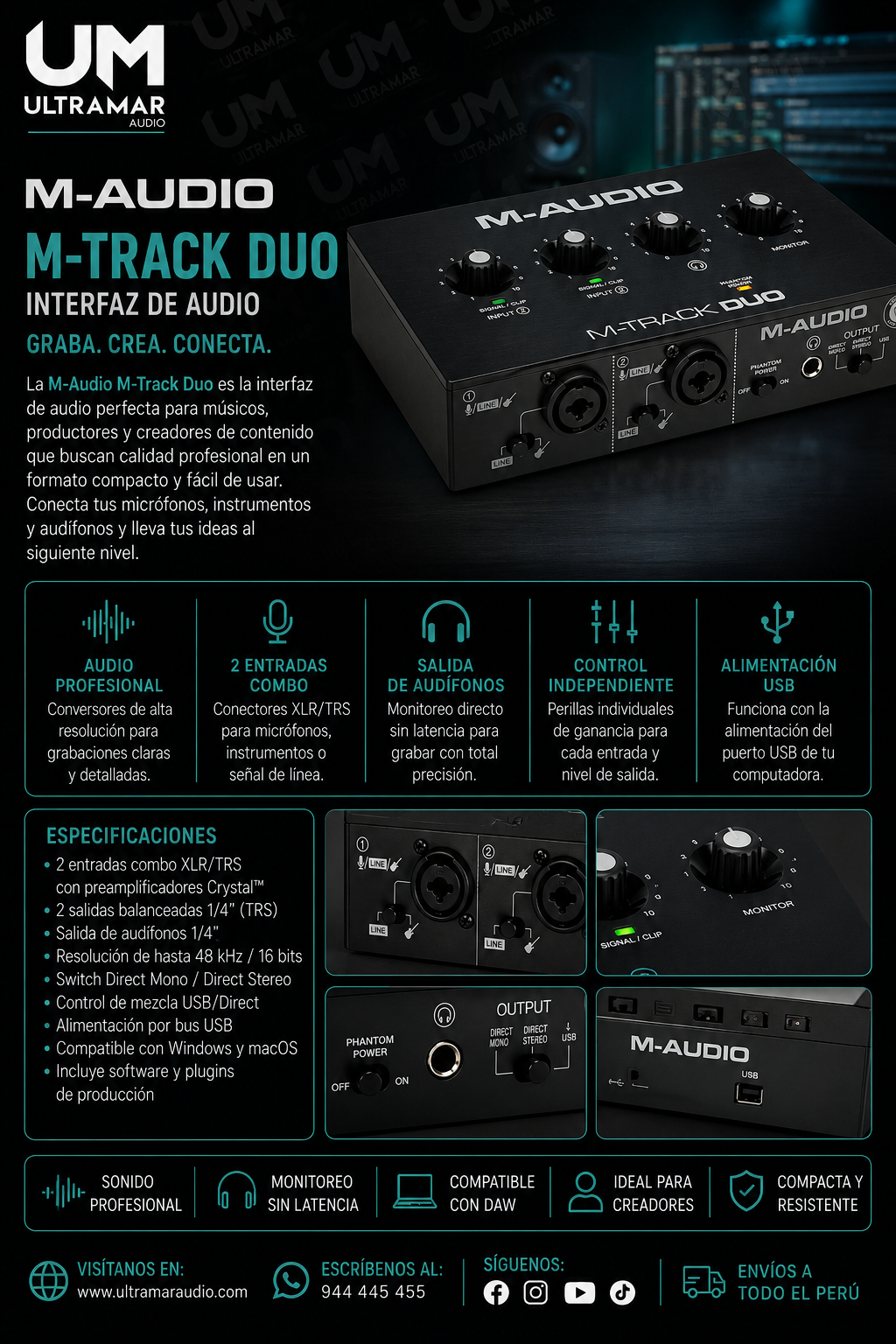M-Audio M-Track Duo – Interfaz de Audio USB de 2 Canales para Grabación y Monitoreo Estéreo