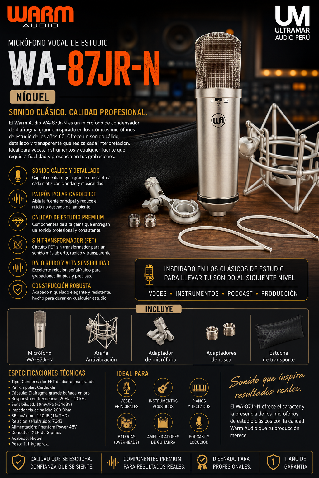 Warm Audio WA-87Jr-N – Micrófono Vocal de Estudio FET de Diafragma Grande (Níquel)