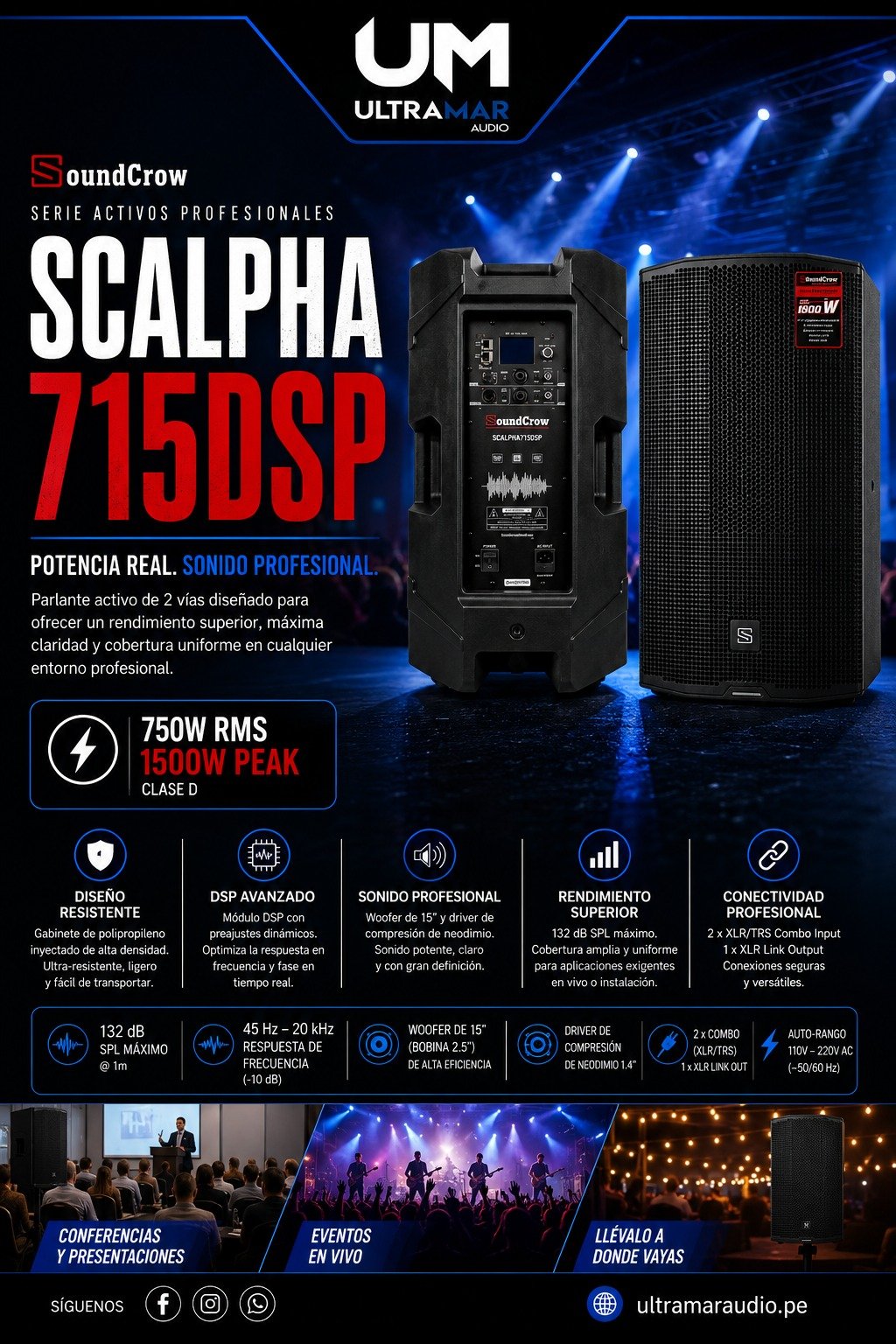 SoundCrow SCAlpha715DSP Parlante Activo Profesional 15" 750W RMS DSP.