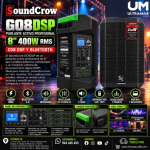 SoundCrow | GO8DSP | Parlante Activo Profesional 8" 400W RMS DSP Bluetooth