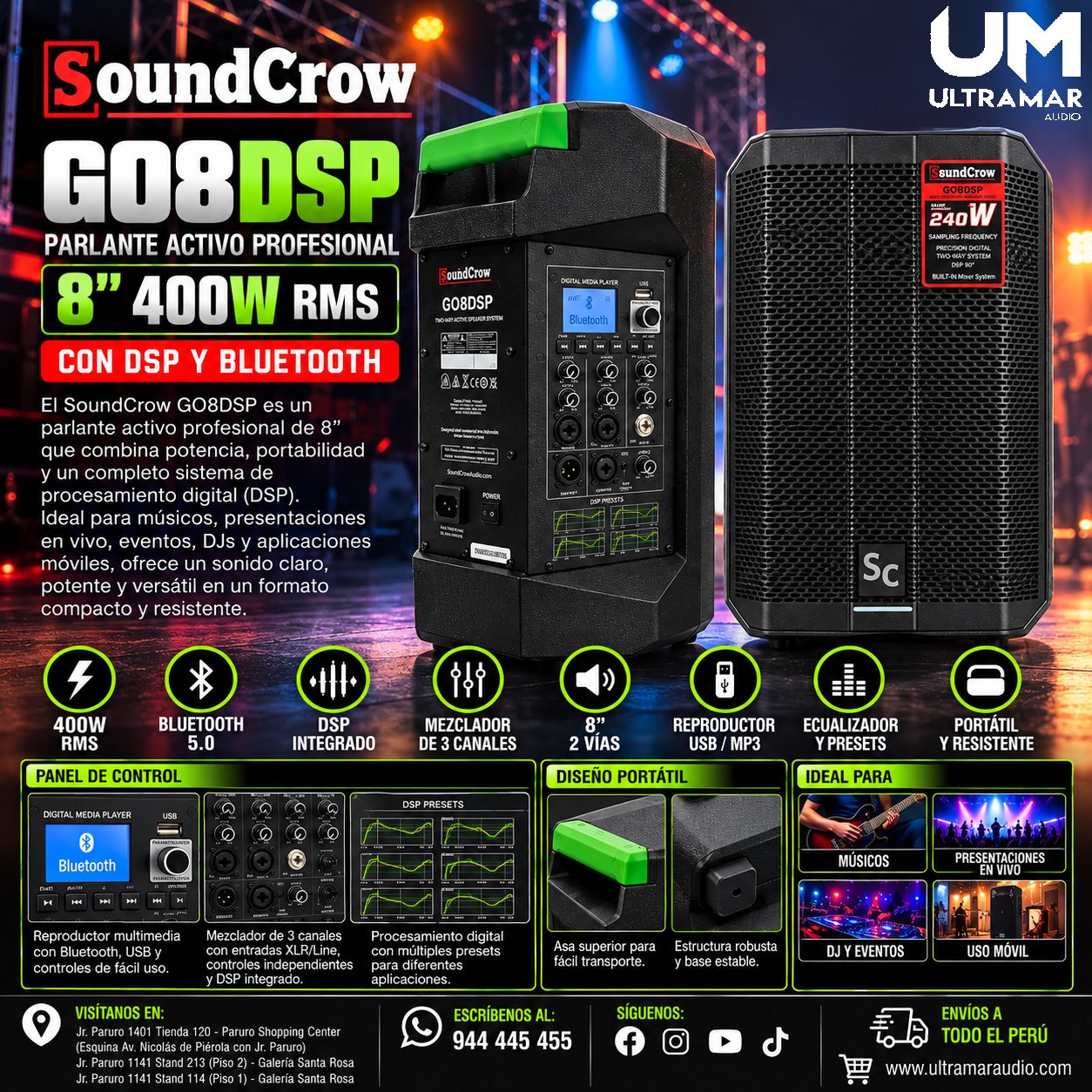 SoundCrow | GO8DSP | Parlante Activo Profesional 8" 400W RMS DSP Bluetooth