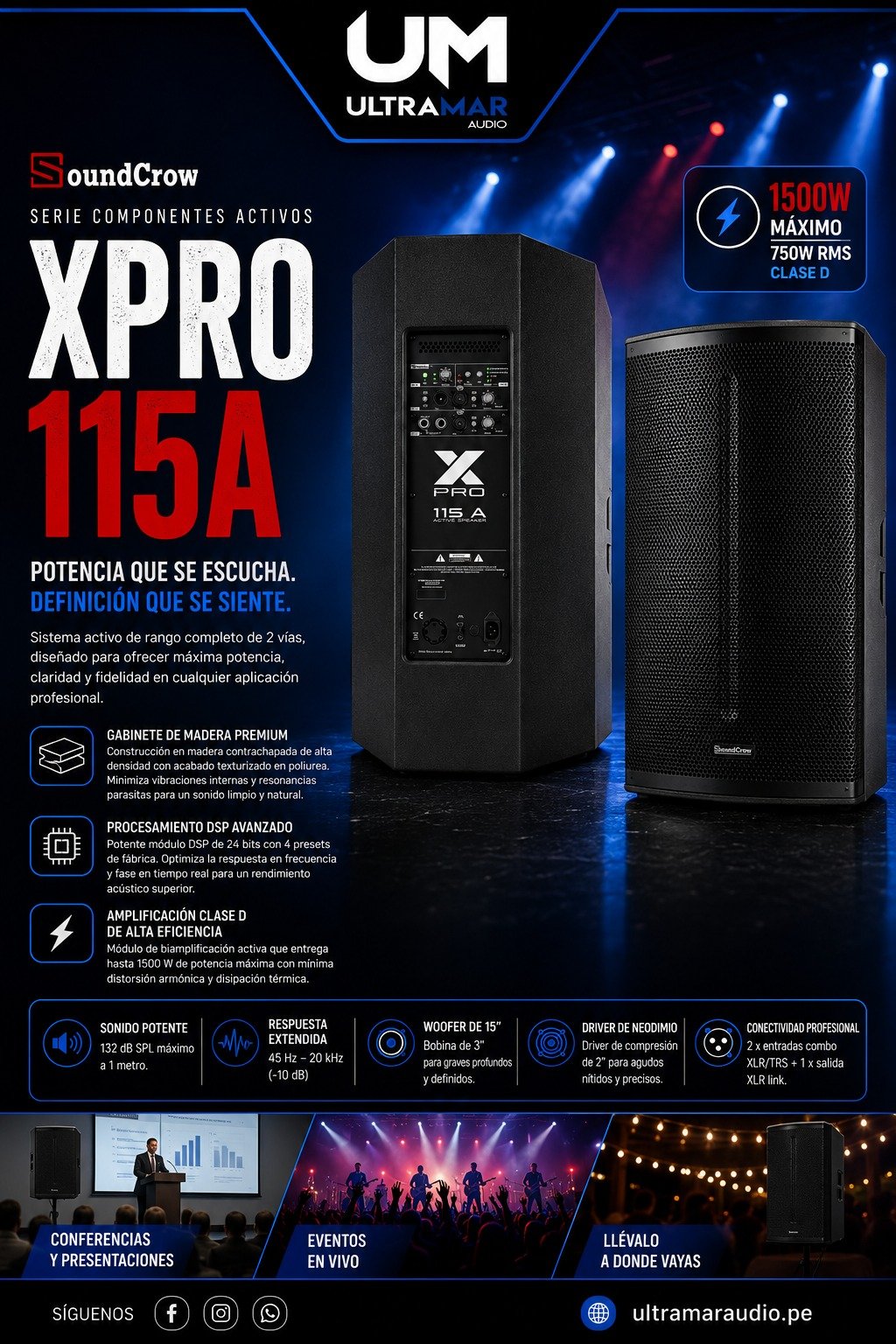 SoundCrow XPRO 115A parlante activo profesional de 15 pulgadas con DSP de 24 bits, gabinete de madera y amplificación Clase D de 750W RMS. 1