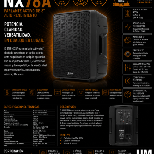 STM NX78A es un parlante activo profesional de 8 pulgadas