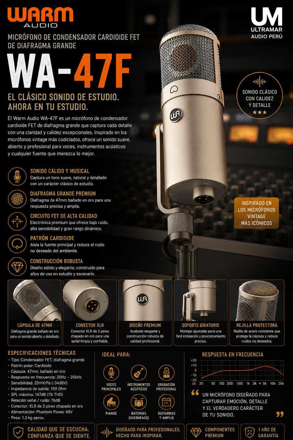Micrófono de Condensador Cardioide FET de Diafragma Grande WA-47F – Warm Audio