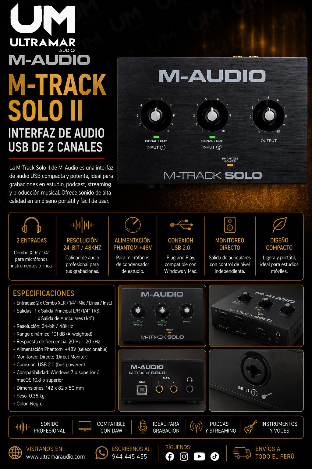 M-Audio M-Track Solo – Interfaz de Audio USB de 2 Canales para Grabación y Monitoreo