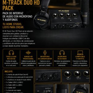 M-Audio M-Track Duo HD Pack – Pack de Interfaz de Audio con Micrófono y Audífonos para Home Studio