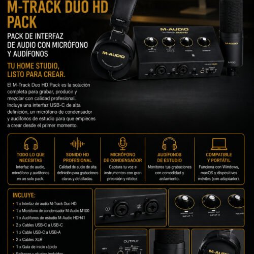 M-Audio M-Track Duo HD Pack – Pack de Interfaz de Audio con Micrófono y Audífonos para Home Studio