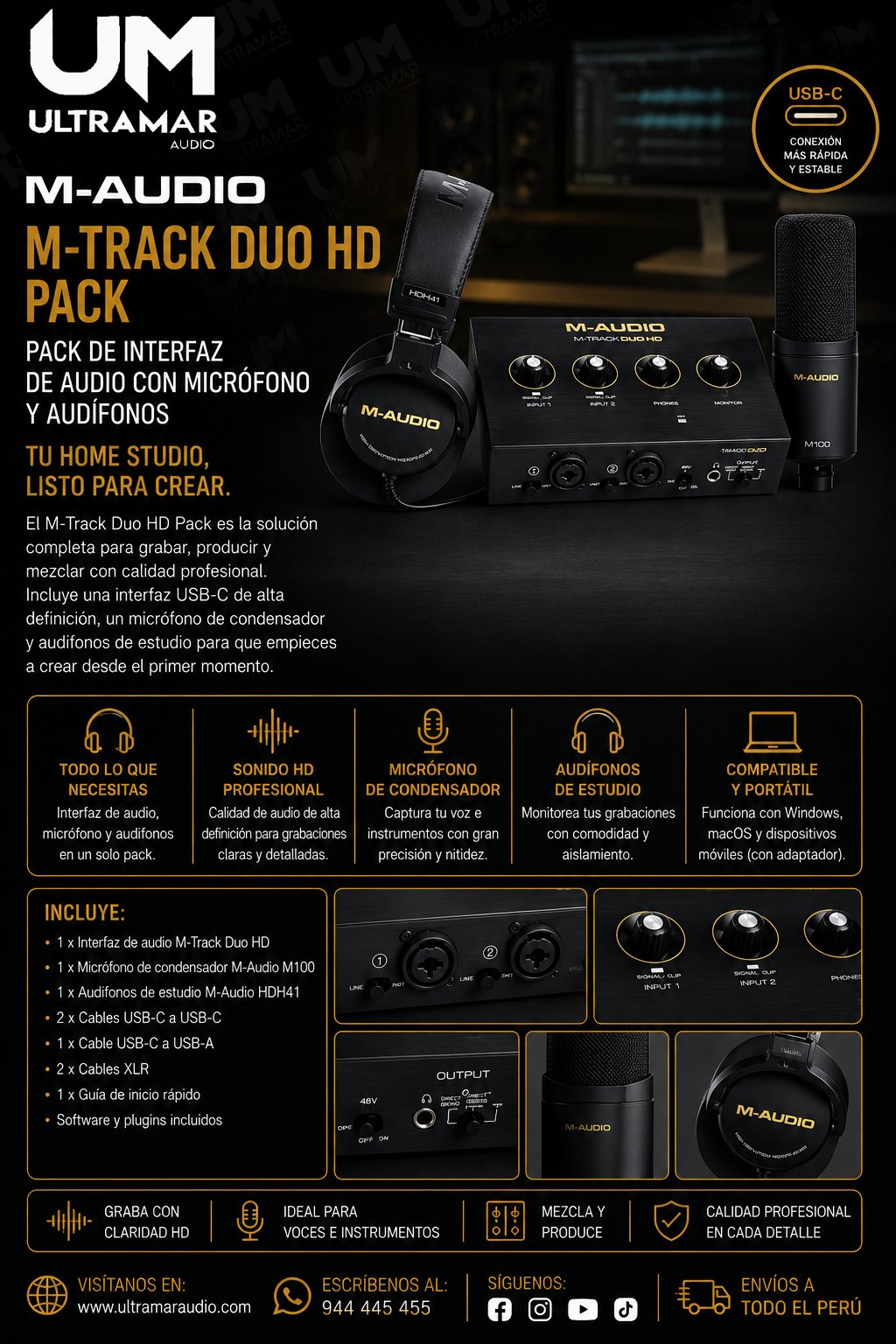 M-Audio M-Track Duo HD Pack – Pack de Interfaz de Audio con Micrófono y Audífonos para Home Studio