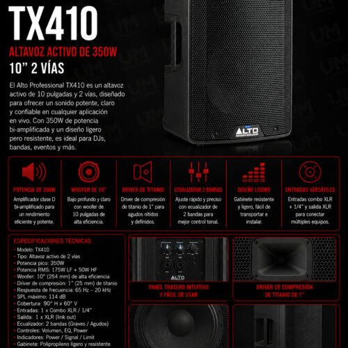 Alto Professional TX410 – Altavoz Activo Profesional de 2 Vías y 350W