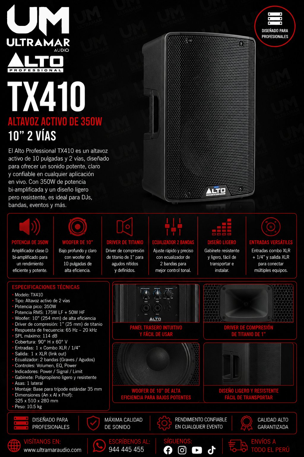 Alto Professional TX410 – Altavoz Activo Profesional de 2 Vías y 350W