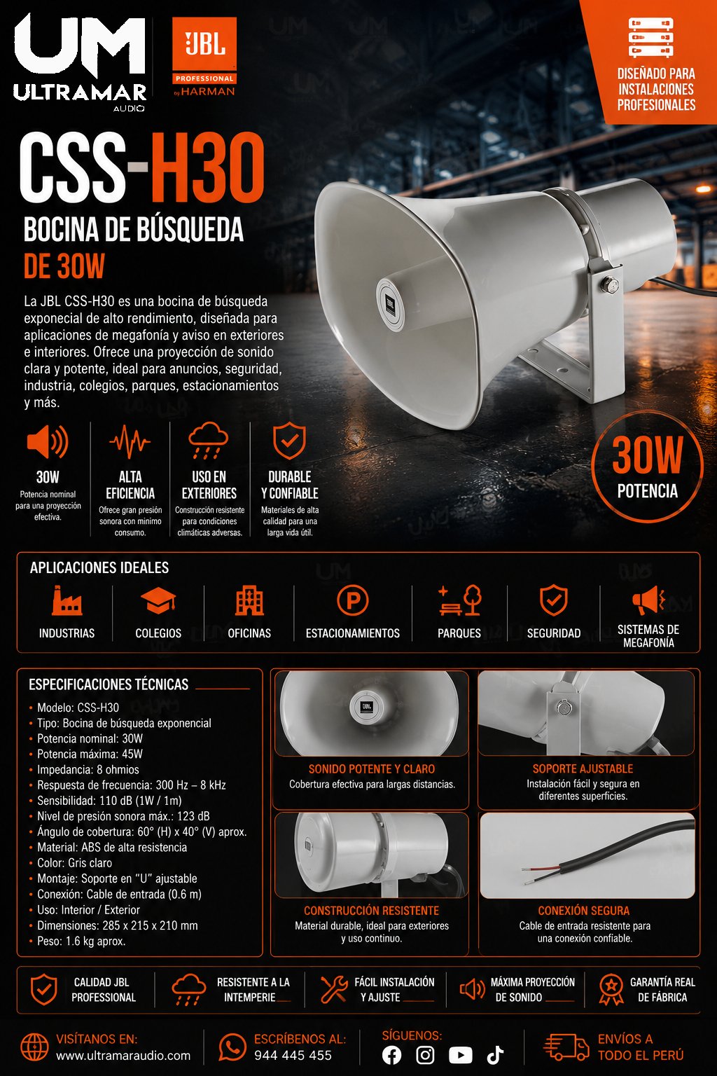 JBL CSS-H30 – Bocina de Búsqueda y Megafonía Profesional de 30W