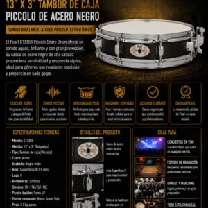 Pearl S1330B 13 x 3 Pulgadas Tambor de Caja Piccolo de Acero Negro