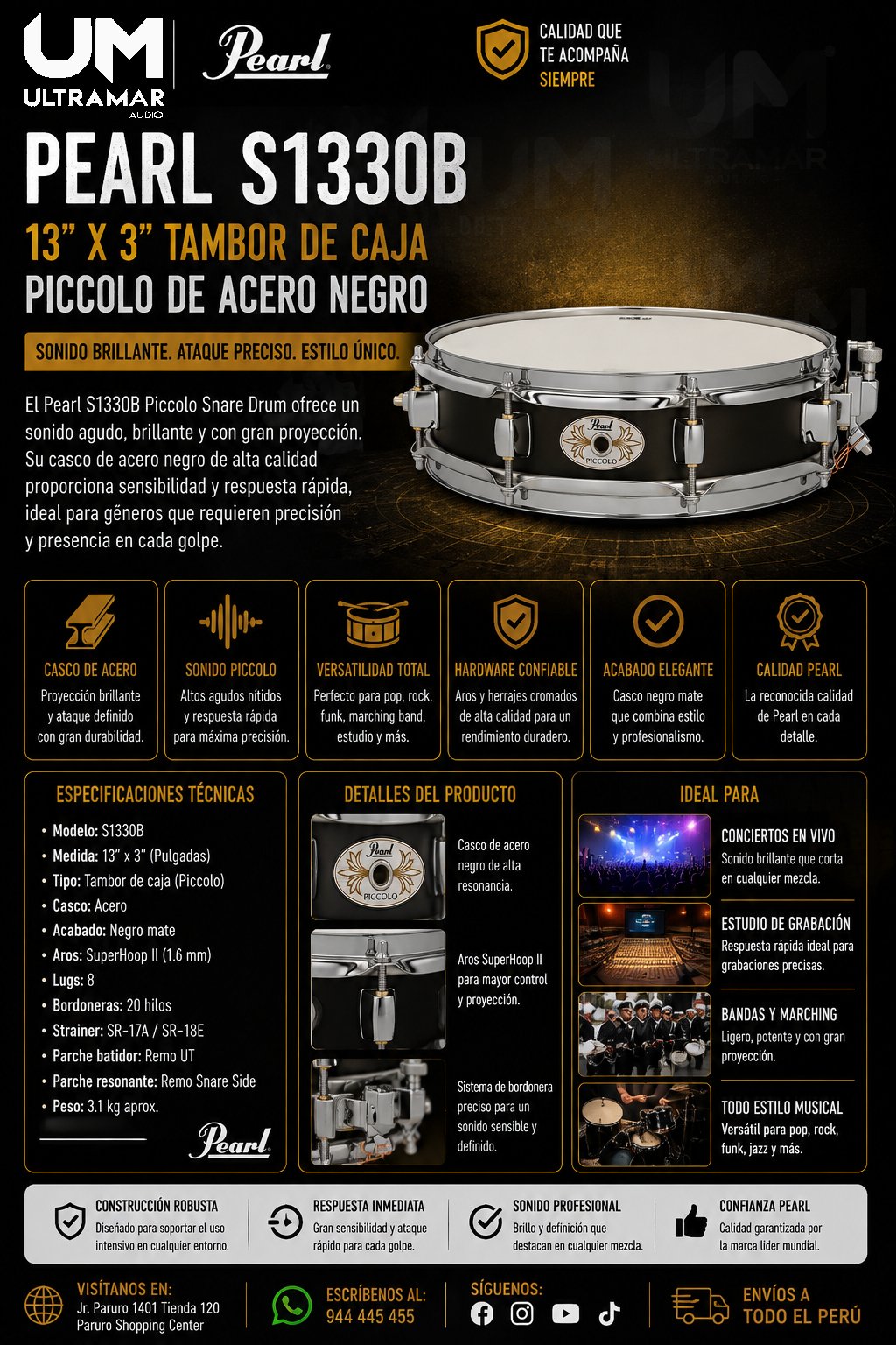 Pearl S1330B 13 x 3 Pulgadas Tambor de Caja Piccolo de Acero Negro