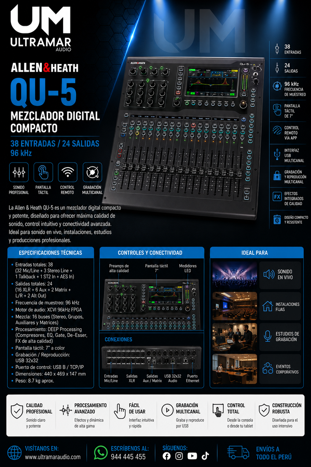 Allen & Heath Qu-5 – Mezclador Digital Compacto de 38 Entradas / 24 Salidas (96 kHz)