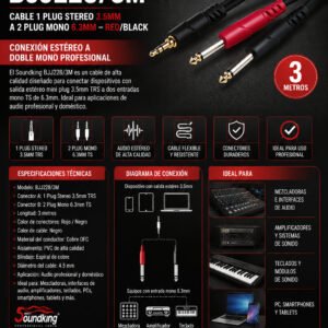 SOUNDKING BJJ228/3M - CABLE 1 PLUG STEREO 3.5MM A 2 PLUG MONO 6.3 3M – RED/BLACK