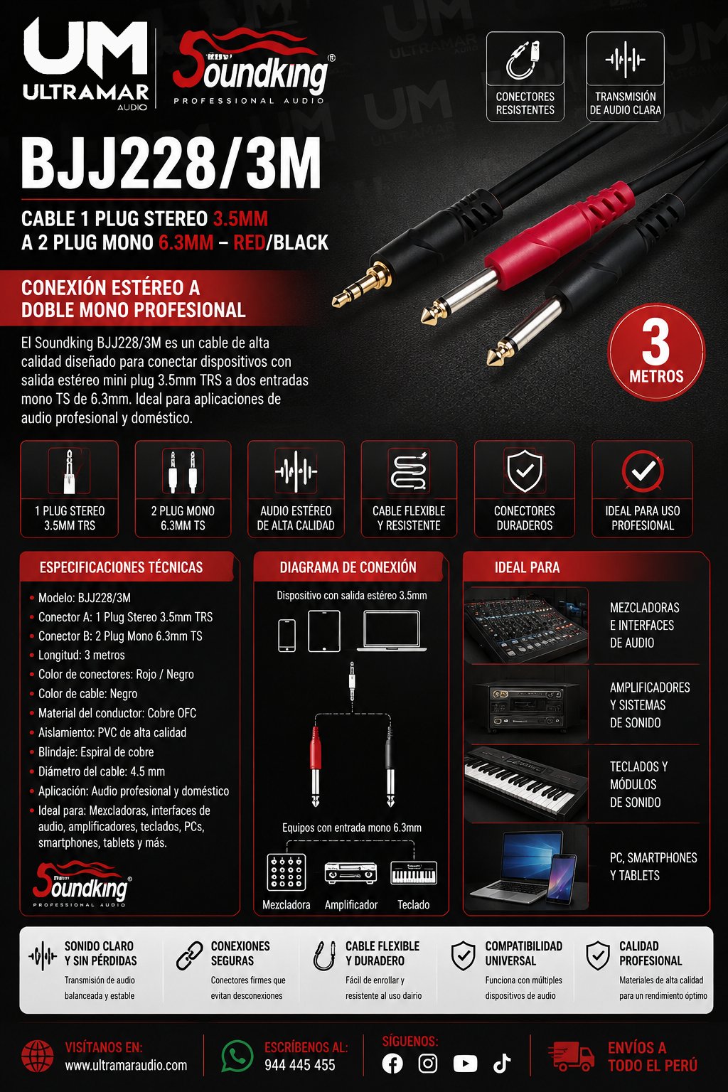SOUNDKING BJJ228/3M - CABLE 1 PLUG STEREO 3.5MM A 2 PLUG MONO 6.3 3M – RED/BLACK