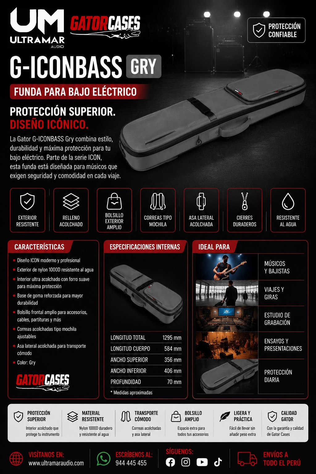 Gator G-ICONBASS-GRY – Funda Semirrígida Premium para Bajo Eléctrico (Serie ICON - Gris)