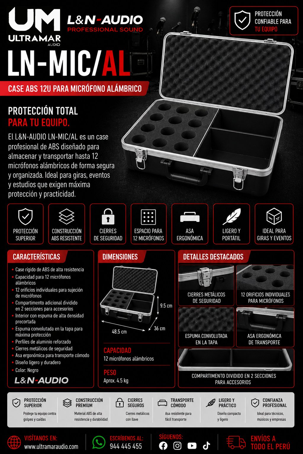 L&N-AUDIO LN-MIC/AL – Case de Protección en ABS para 12 Micrófonos Alámbricos
