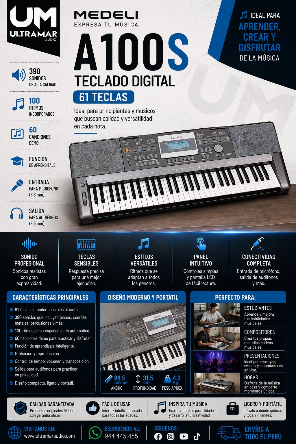 Medeli A100S – Teclado Digital Sensible de 61 Teclas