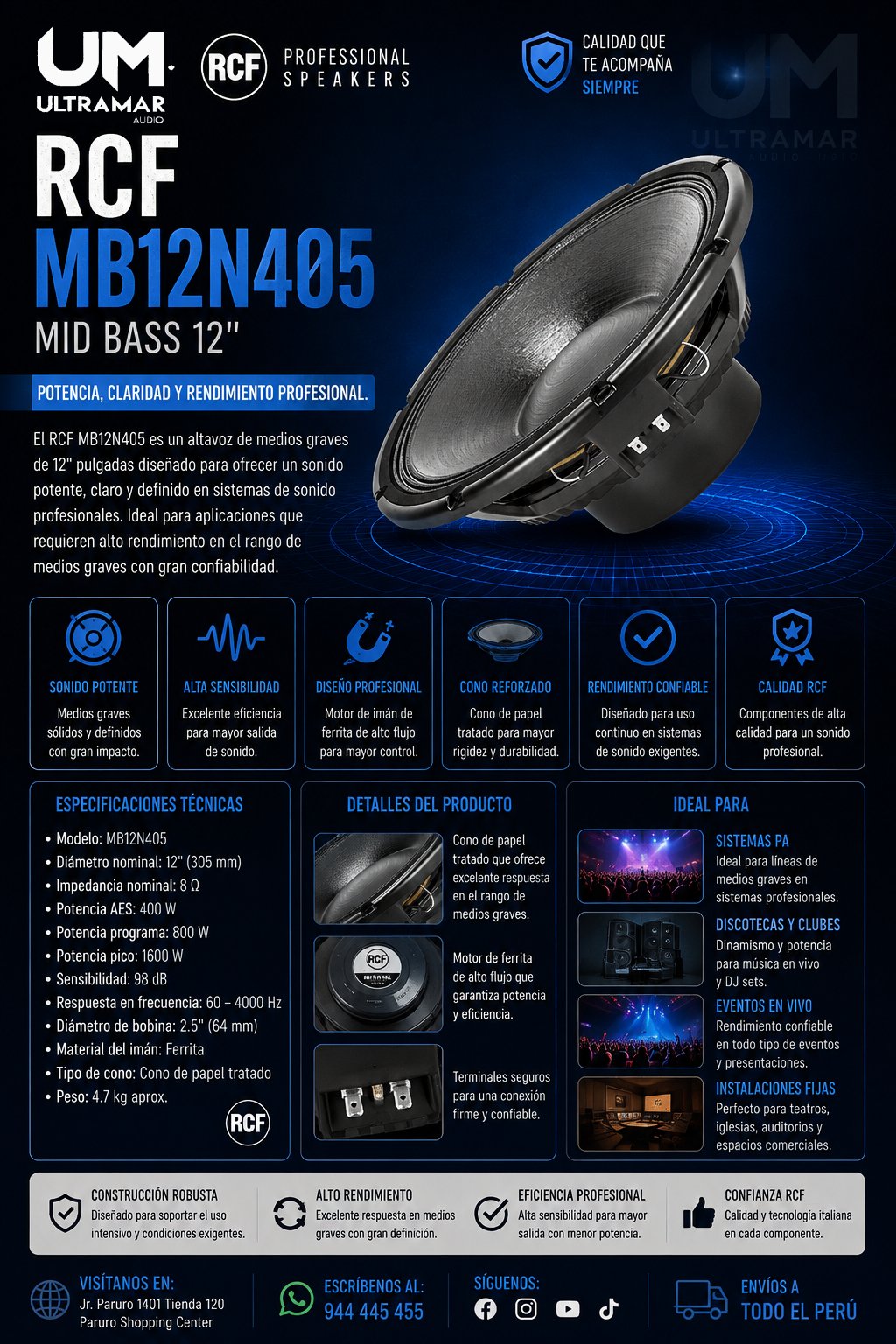 RCF MB12N405 – Parlante Mid-Bass Profesional de 12″ en Neodimio