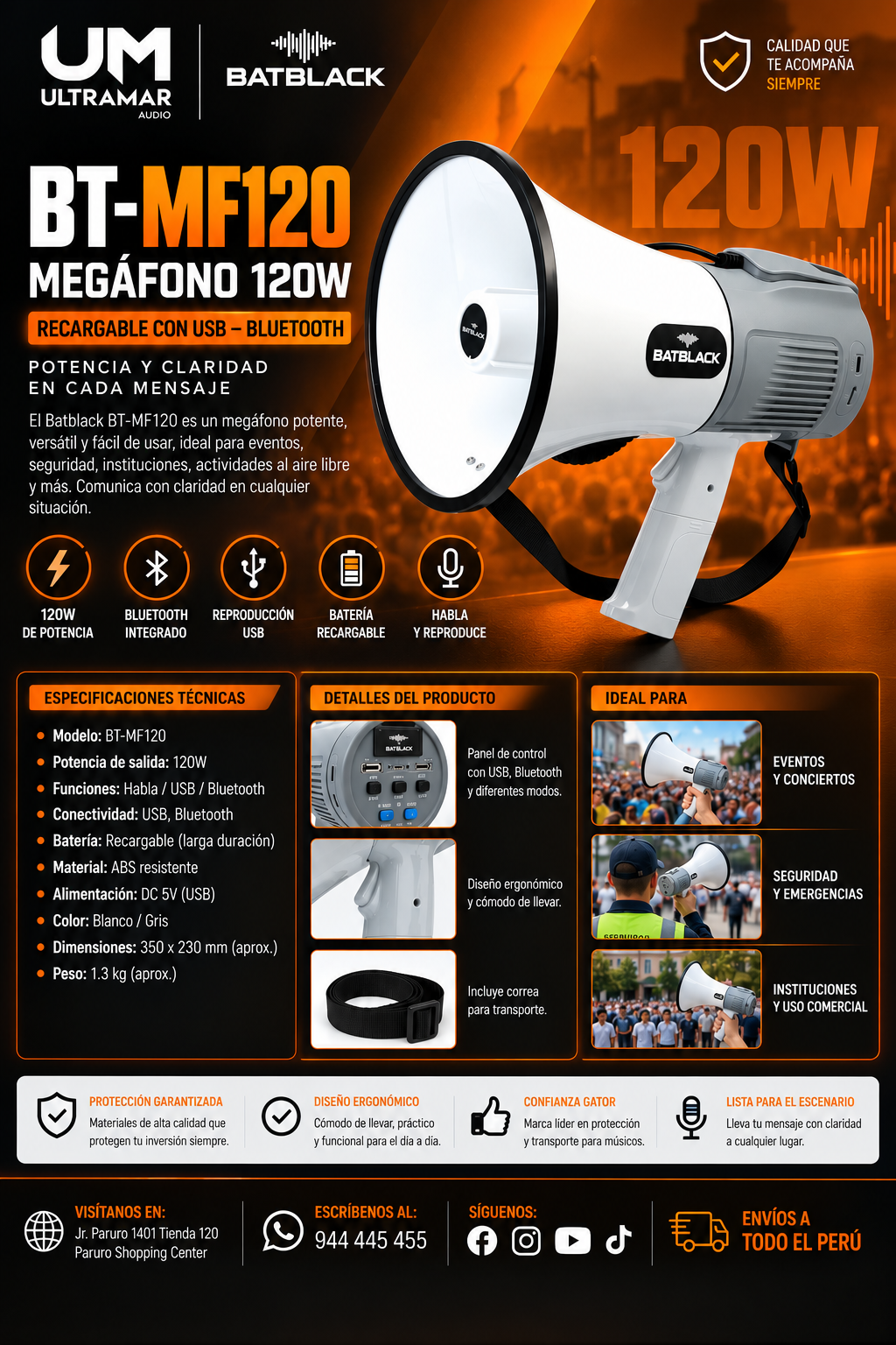 BATBLACK BT-MF120 MEGÁFONO 120W RECARGABLE CON USB – BLUETOOTH