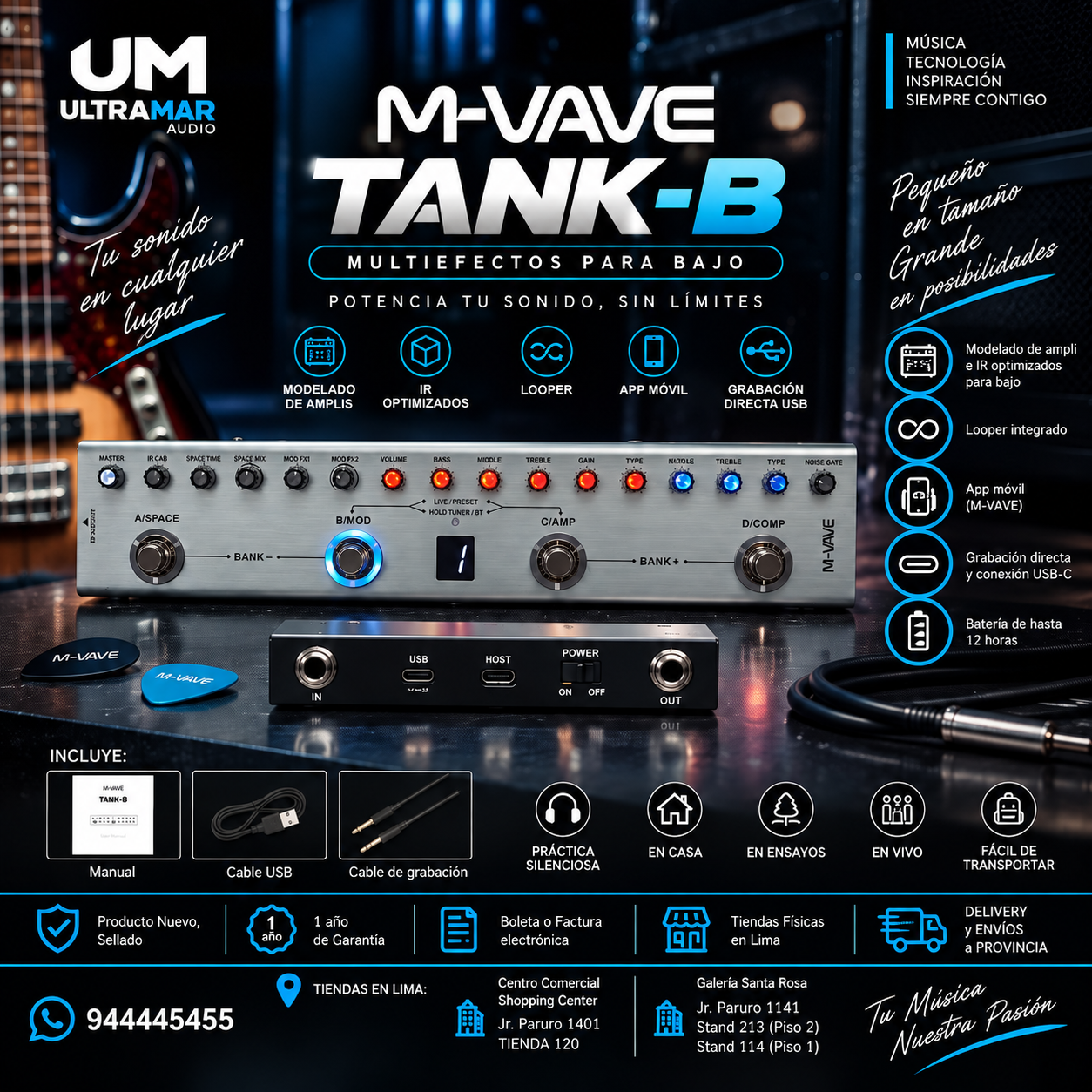 M-VAVE TANK-B | Pedal Multiefectos para Bajo con 36 Presets y 8 IR CAB - Imagen 8