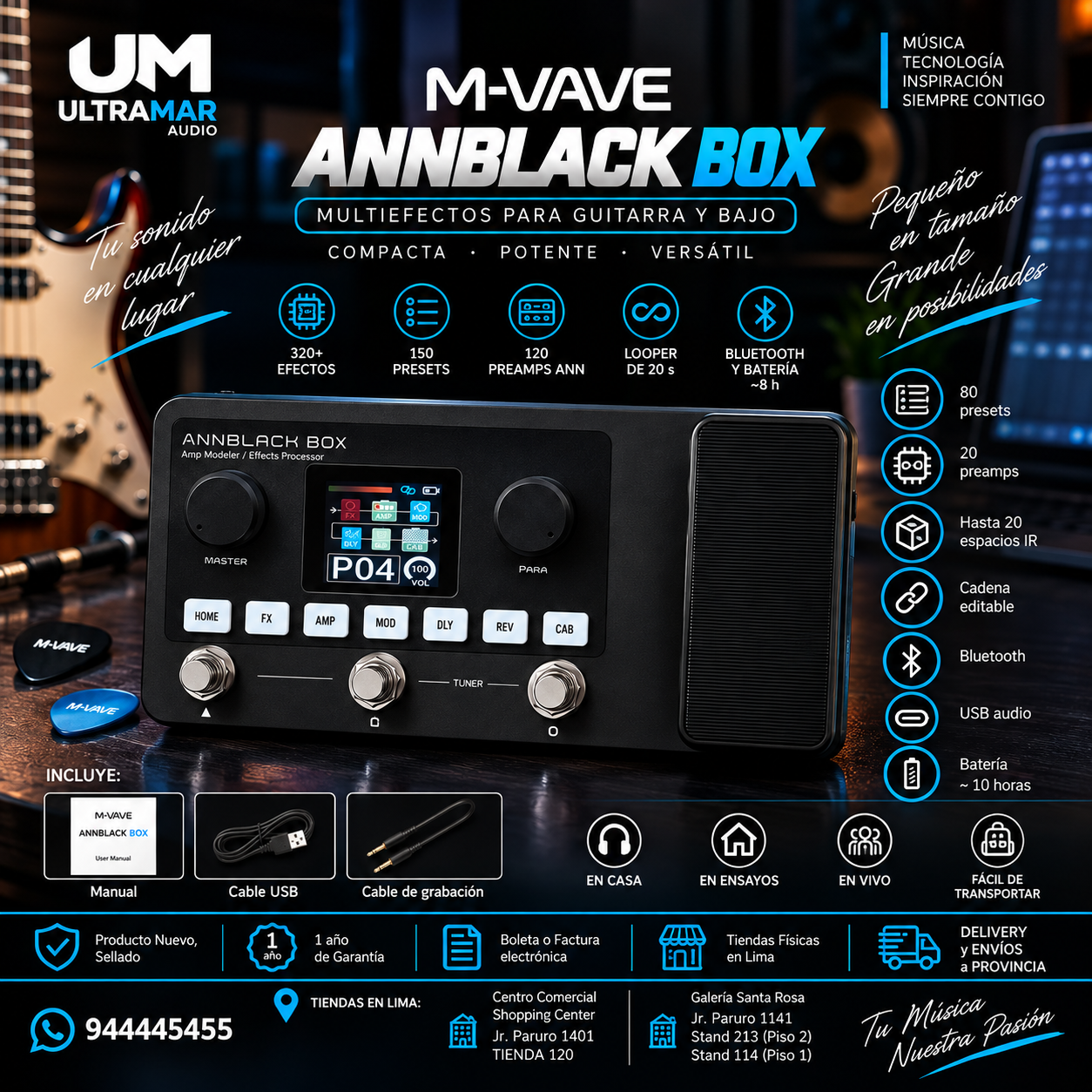 M-VAVE ANNBLACK BOX | Pedalera Multiefectos para Guitarra y Bajo con 20 Preamp e IR - Imagen 12