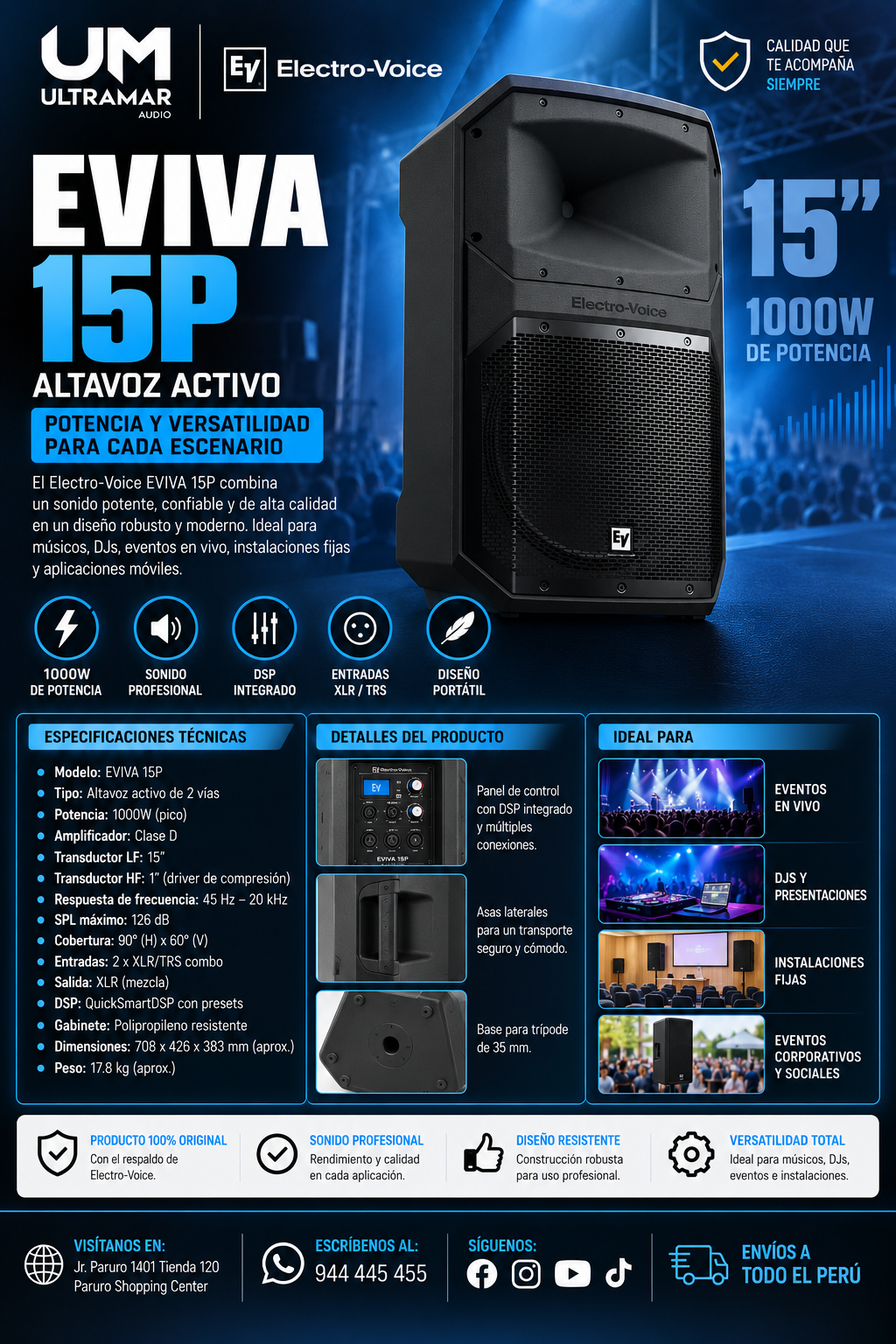 Electro-Voice EVIVA 15P – Altavoz Activo Profesional de 15″ con DSP Integrado