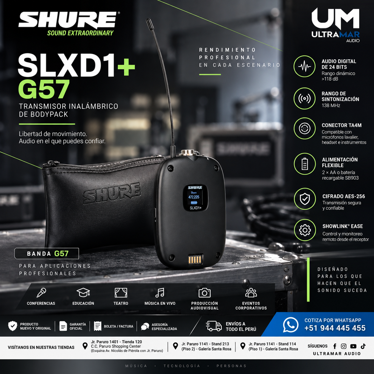 Shure SLXD1+ G57 Transmisor Bodypack Inalámbrico Digital - Imagen 2