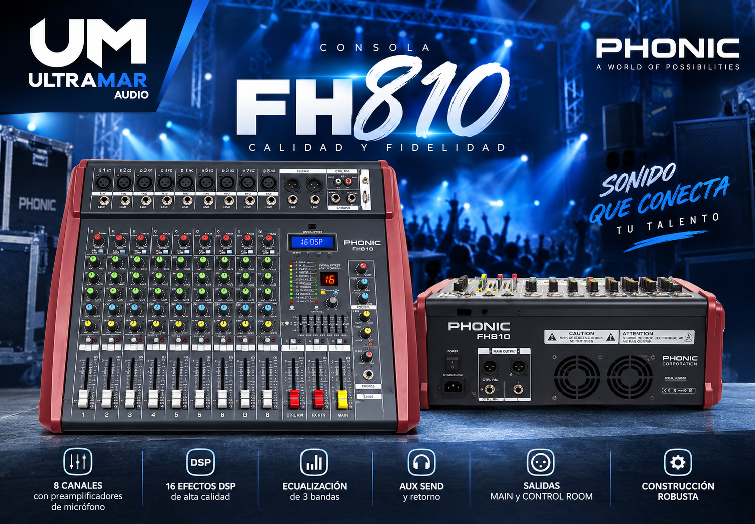 LEXSEN FH-810 – Consola Amplificada de 8 Canales con Bluetooth, USB y Efectos - Imagen 3