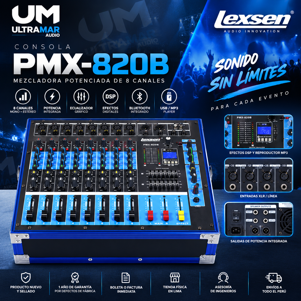LEXSEN PMX-820B – Consola Amplificada de 8 Canales con Bluetooth, USB y 16 Efectos - Imagen 4