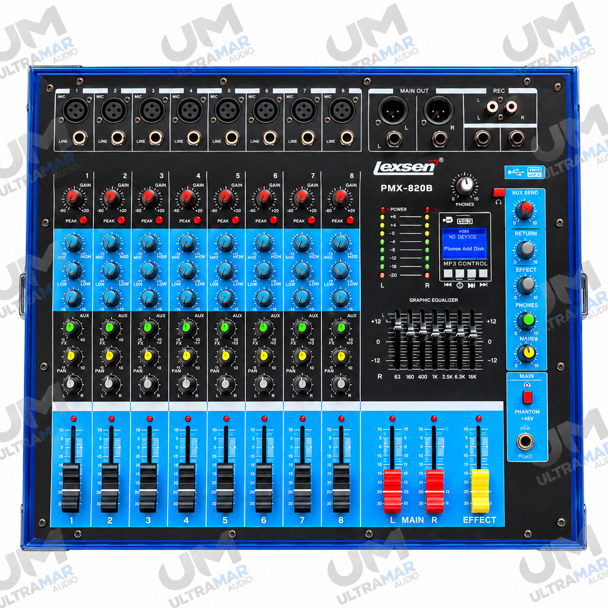 LEXSEN PMX-820B – Consola Amplificada de 8 Canales con Bluetooth, USB y 16 Efectos