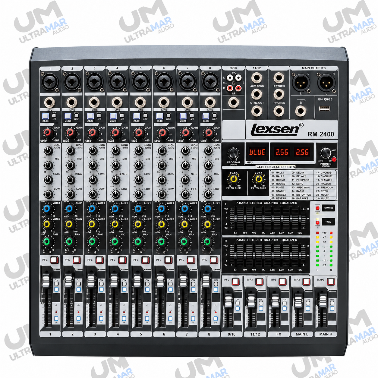 LEXSEN RM 2400 – Consola Amplificada de 8 Canales con Bluetooth y 256 Efectos