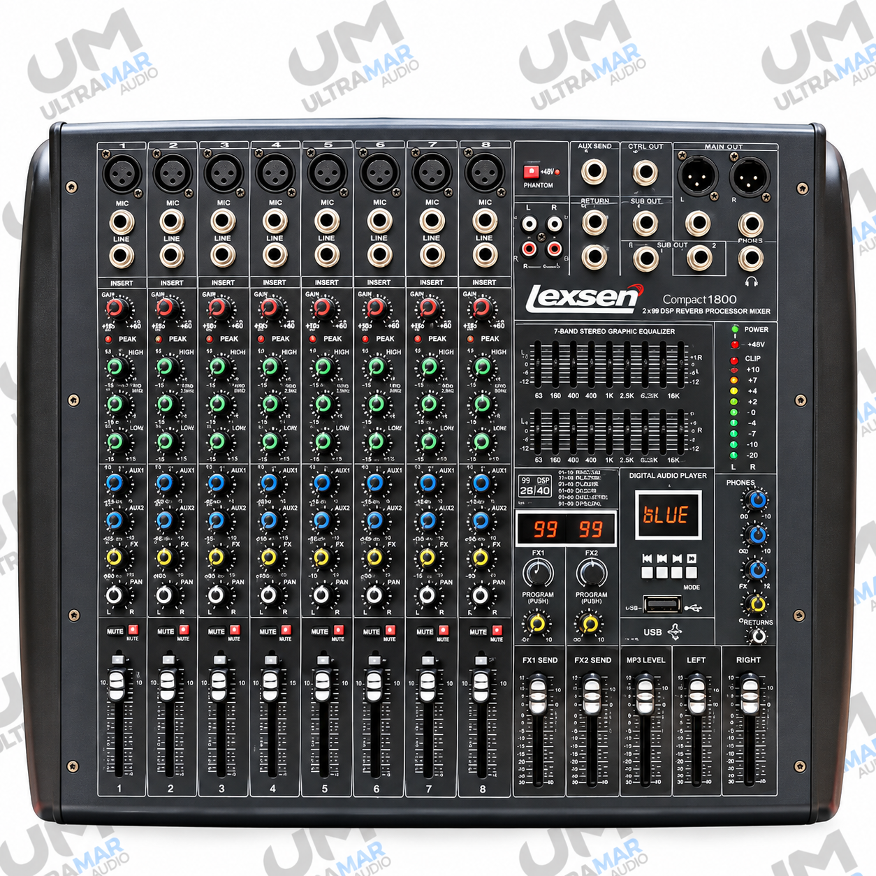 LEXSEN COMPACT 1800 – Consola Amplificada de 8 Canales con Bluetooth, USB y Efectos