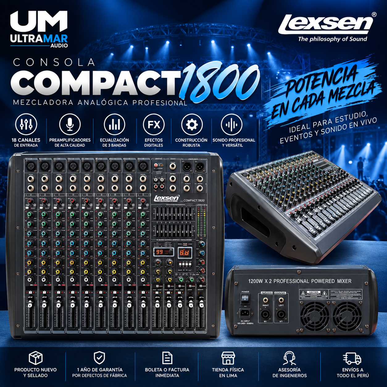 LEXSEN COMPACT 1800 – Consola Amplificada de 8 Canales con Bluetooth, USB y Efectos - Imagen 4