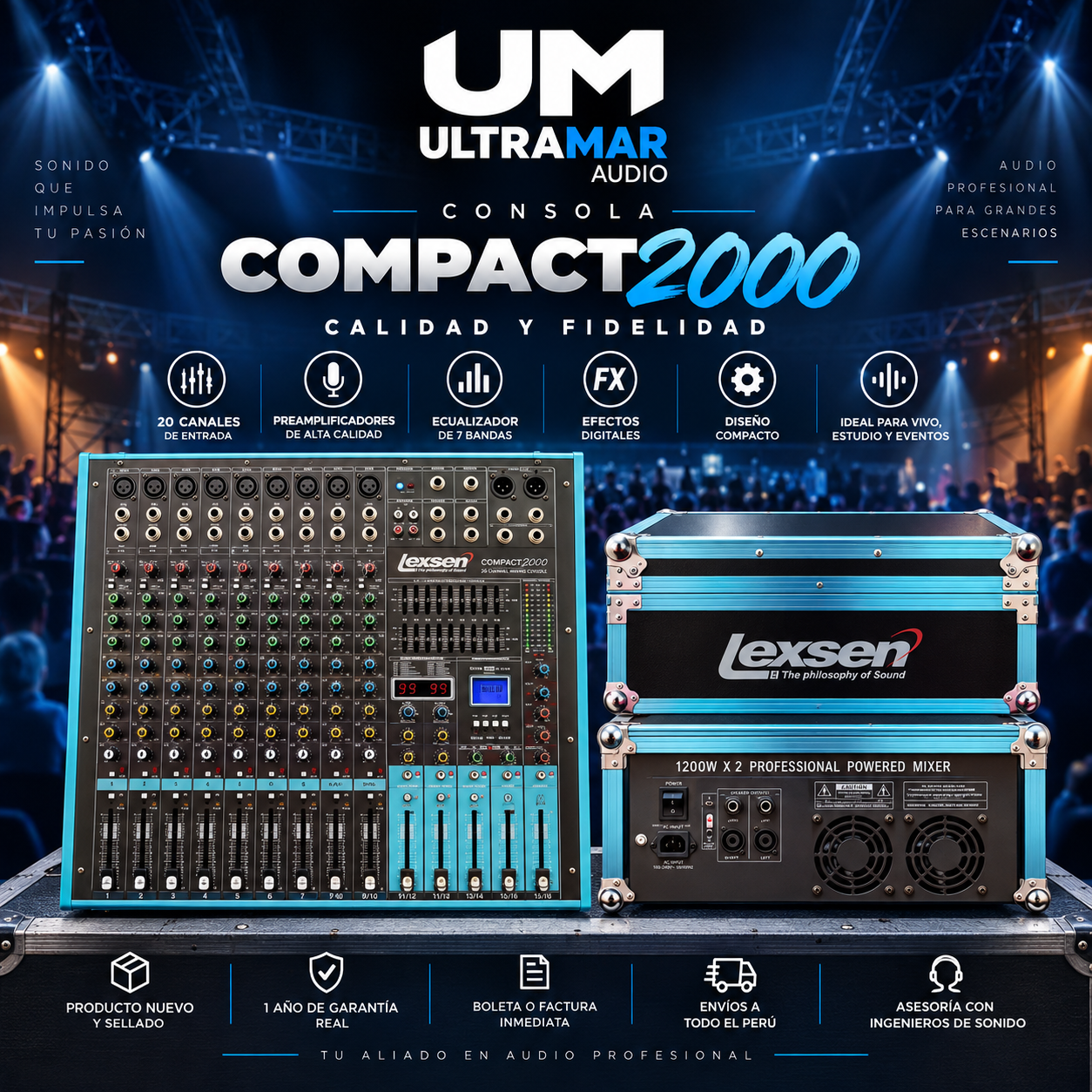 LEXSEN COMPACT 2000 – Consola Amplificada de 8 Canales con Bluetooth, USB y Efectos - Imagen 4