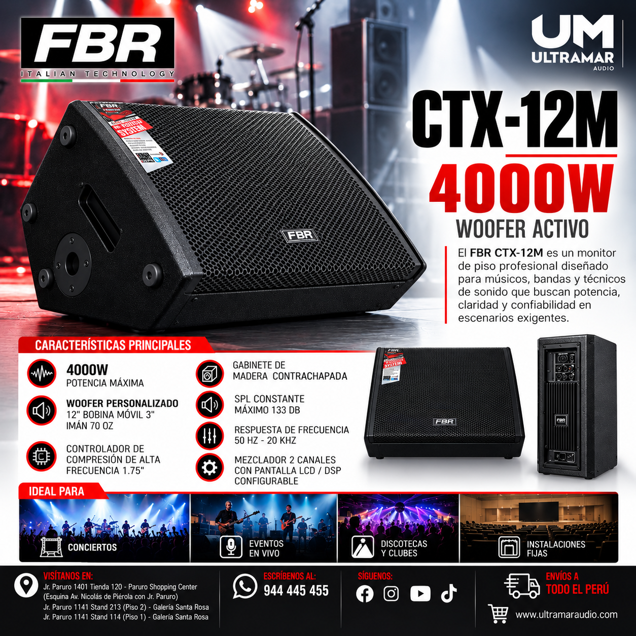 FBR CTX-12M – Monitor de Piso Activo Profesional de 12″ y 4000W con DSP