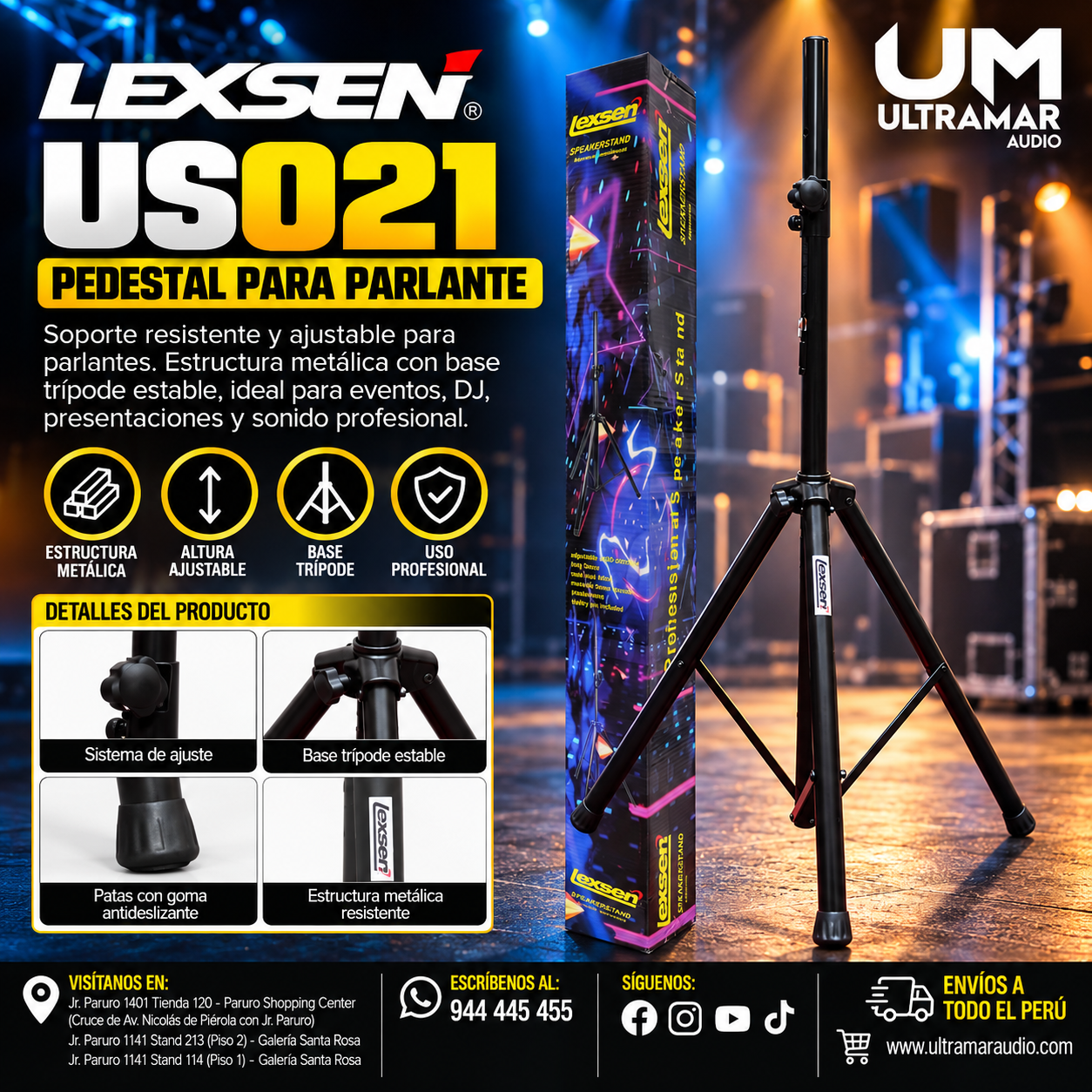 Lexsen US021 – Pedestal / Atril para Parlante con Sistema de Amortiguación (Trípode Reforzado)
