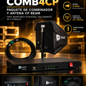 RF VENUE COMB4CP Paquete de combinador y antena CP Beam para monitoreo intraural inalámbrico de 4 canales