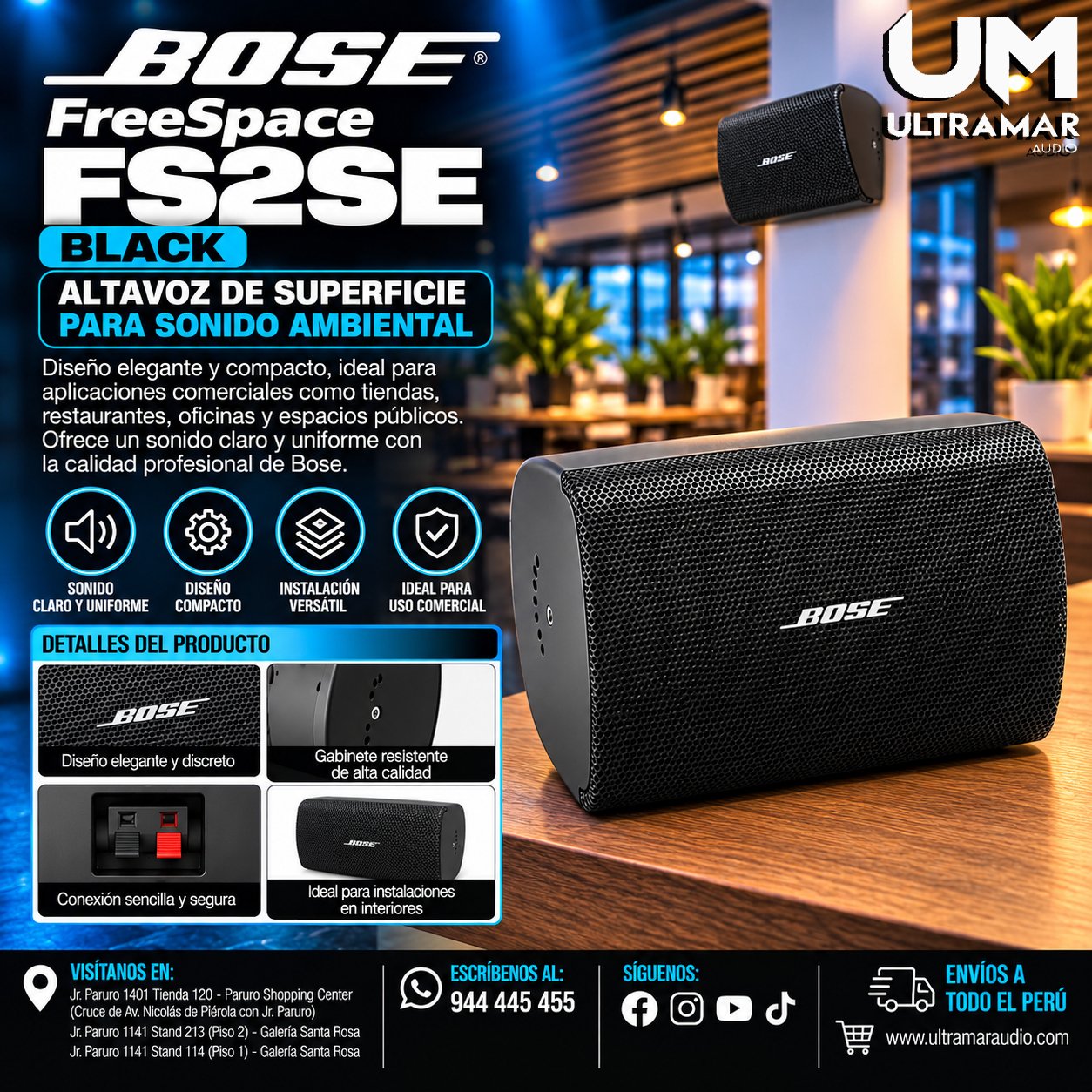 BOSE FreeSpace FS2SE Black | Altavoz de superficie negro para sonido ambiental